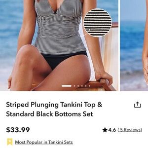 Striped plunging Tankini Top & Standard Black Bottoms Set